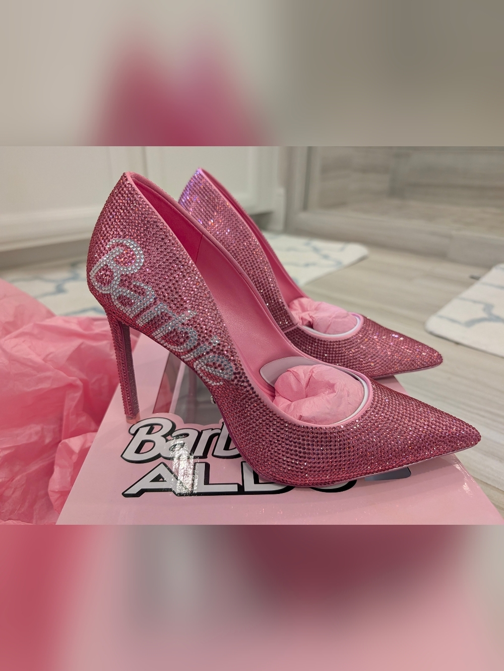 Barbie Aldo Pink Crystal Logo Pointed Toe Stiletto Heels. 8.5 NWT